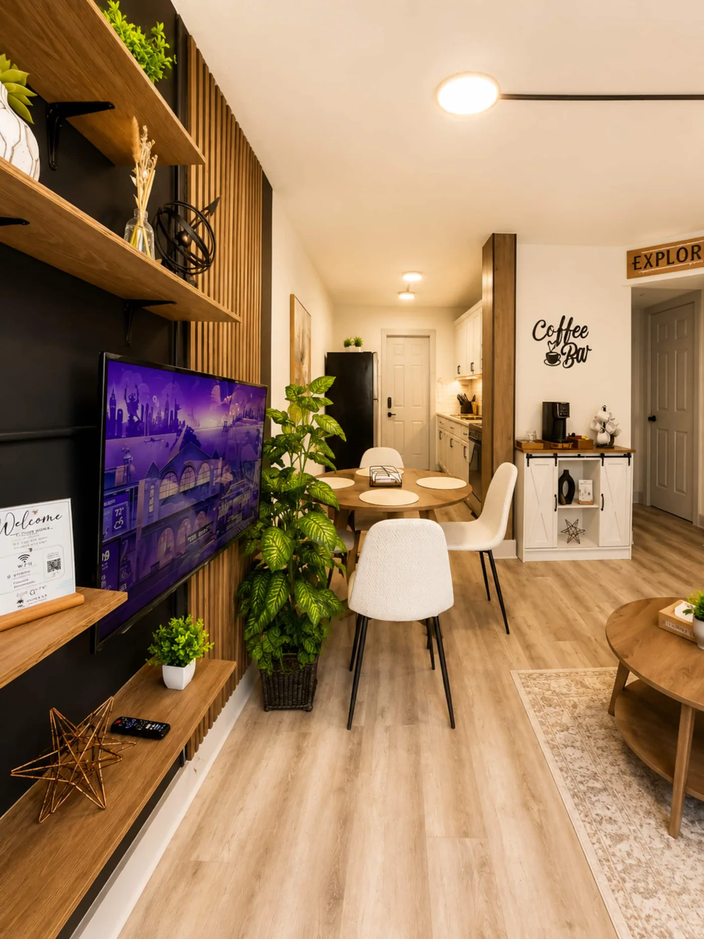 Salón con Smart TV y plantas
